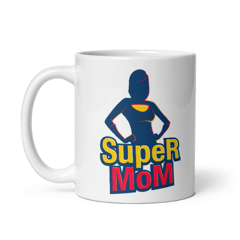 SuperMom Ceramic Mug in cream color with superhero design, available in 11oz and 15oz sizes.