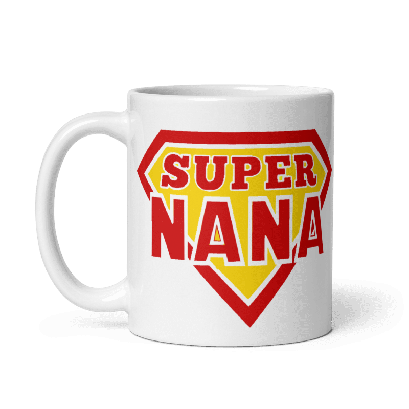 SuperNana ceramic mug in cream color with superhero design, available in 11oz and 15oz, microwave and dishwasher safe.
