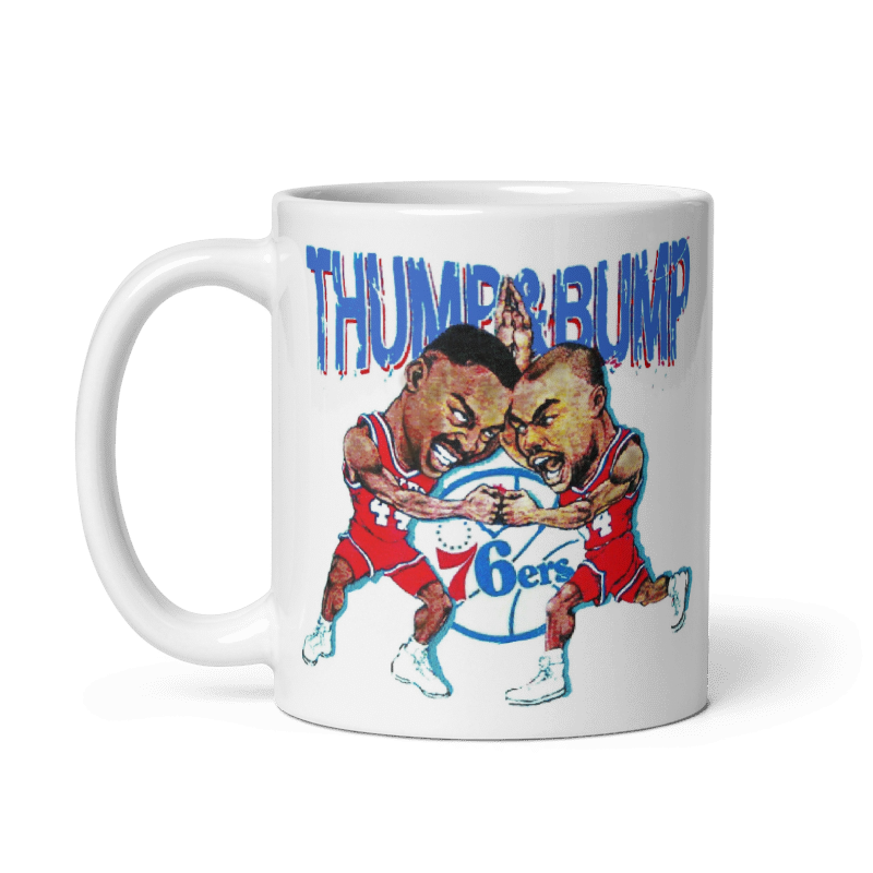 76ers Thump & Bump Barkley, Mahorn ceramic mug with cartoon, cream color, basketball theme.