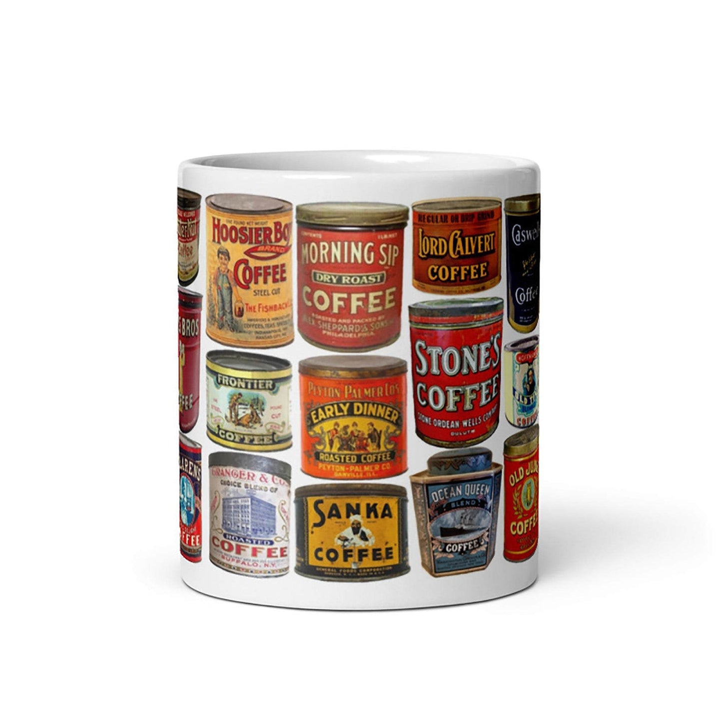 Vintage Coffee Tins Mug featuring classic coffee tin graphics on cream ceramic, available in 11oz and 15oz, microwave and dishwasher safe.