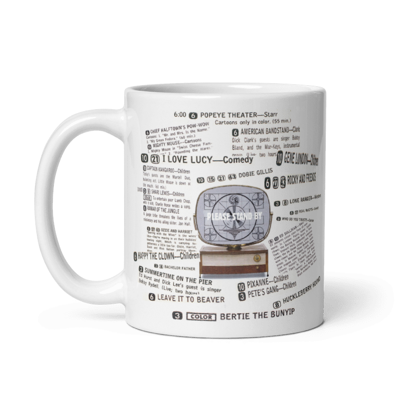 Vintage TV Guide ceramic mug with retro TV listings design, 11oz and 15oz, cream color.