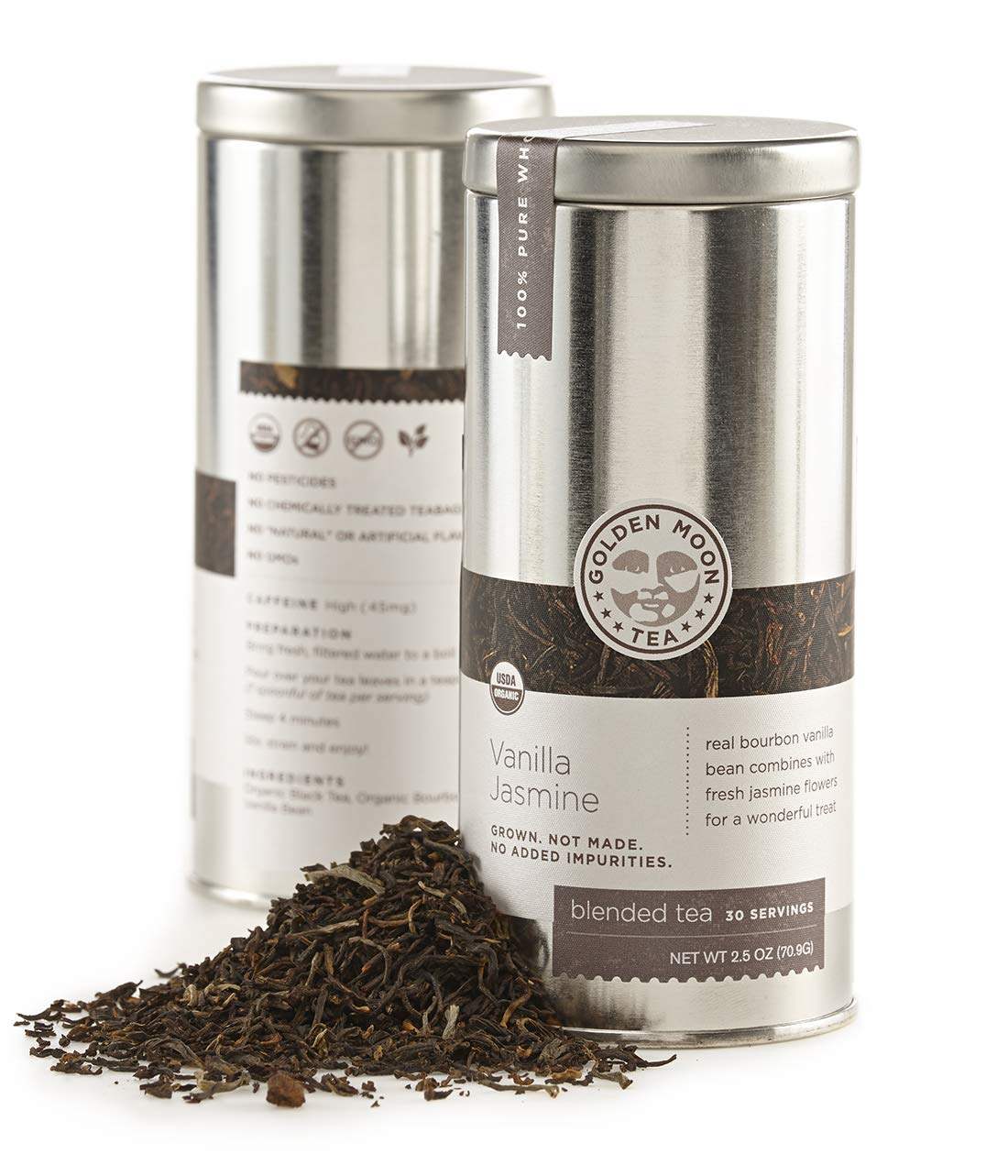 Organic Vanilla Jasmine Green Tea in tin, loose leaf, non-GMO, 2.5-ounce, Golden Moon Tea.