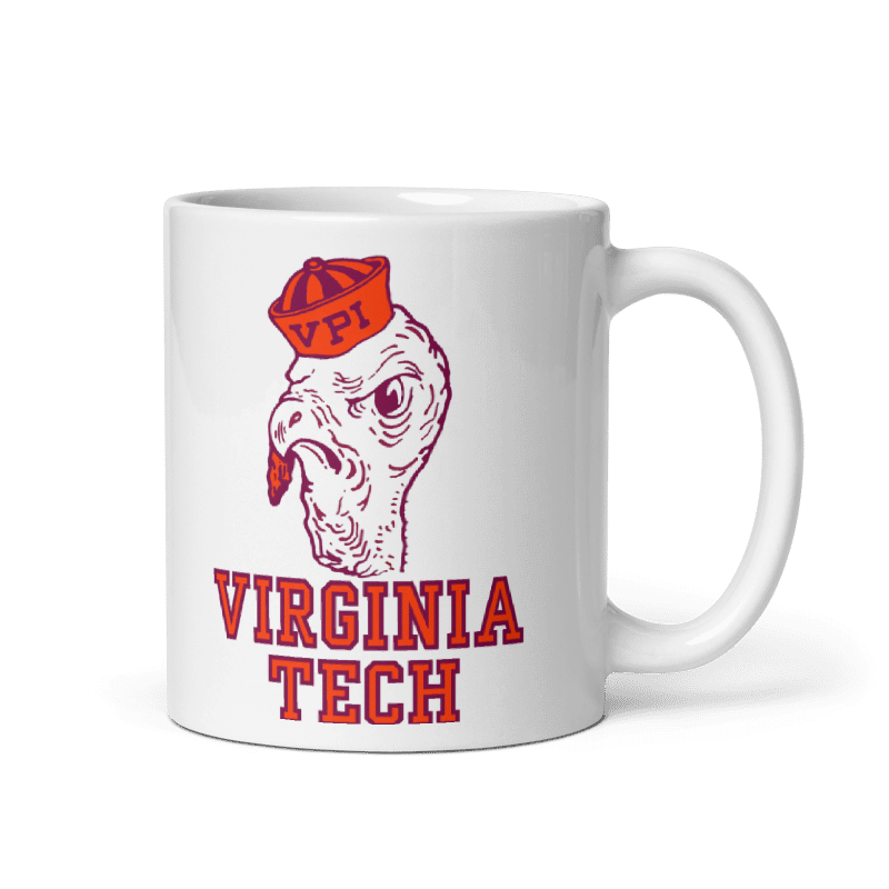 Virginia Tech Old Skool Mug in cream color with vintage design, microwave and dishwasher safe, available in 11 and 15 oz sizes.