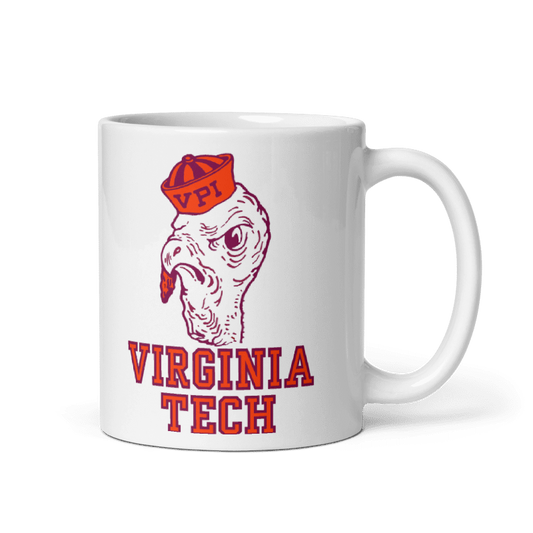 Virginia Tech Old Skool Mug in cream color with vintage design, microwave and dishwasher safe, available in 11 and 15 oz sizes.