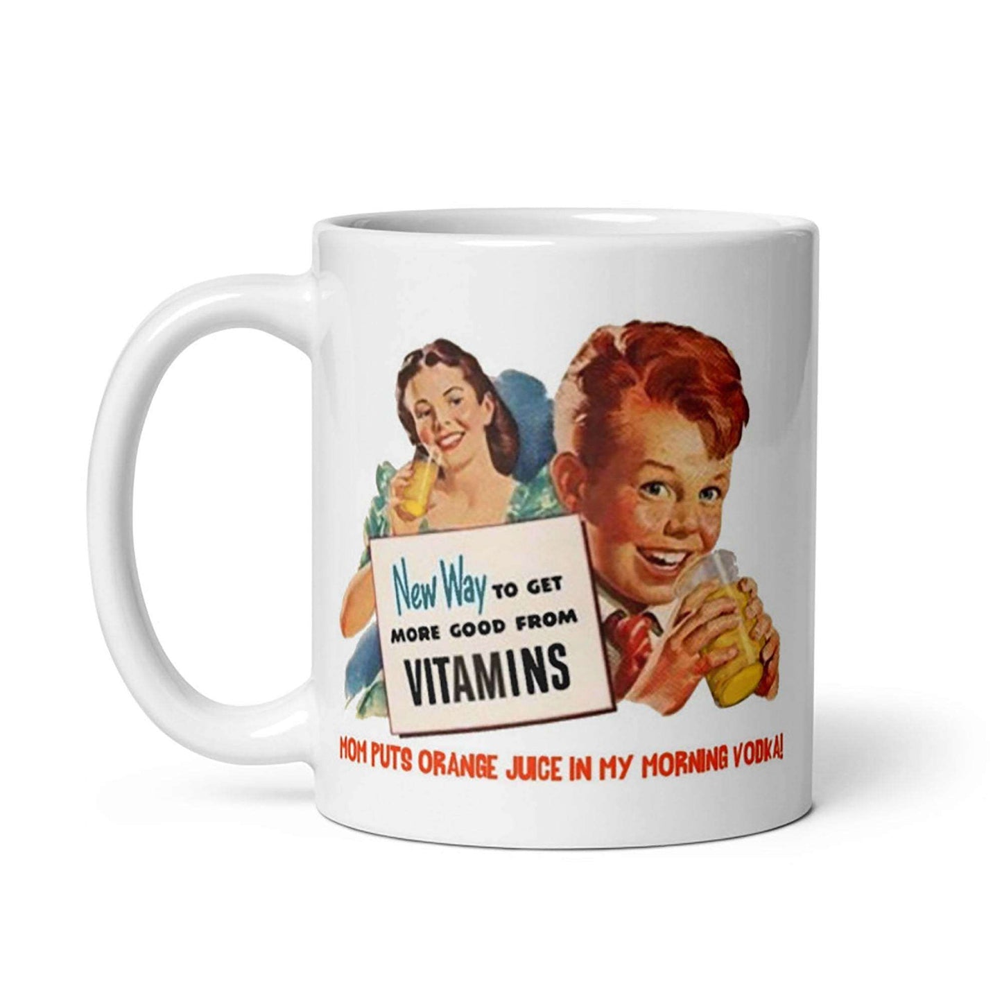Ceramic Morning Vodka Mug with vintage illustration, cream color, 11 and 15oz sizes.