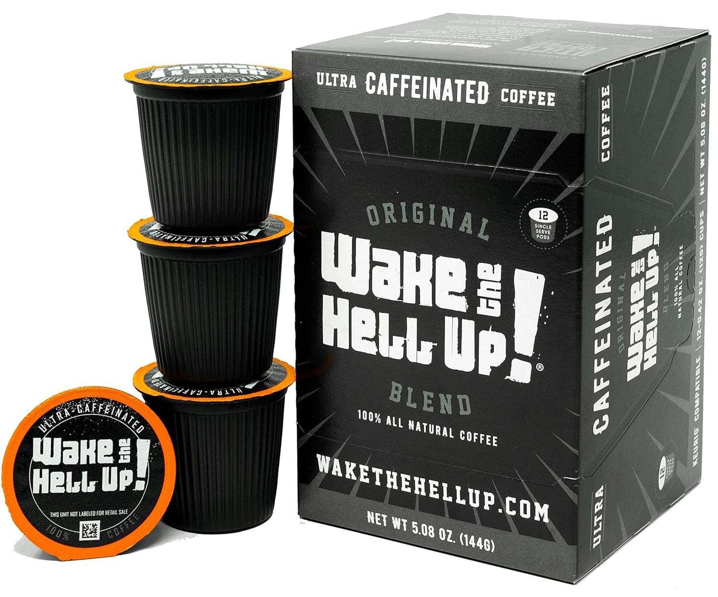 Wake The Hell Up Dark Roast K-Cups, ultra-caffeinated coffee pods, 12 count box, compatible with K-Cup brewers.