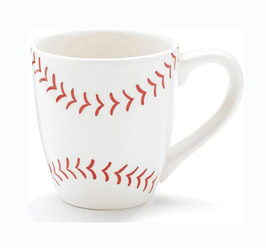 Ceramic baseball mug with red stitching design, cream color, 13oz, microwave and dishwasher safe.