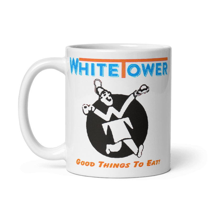 Vintage White Tower Ceramic Mug, cream color, 11oz and 15oz sizes, microwave and dishwasher safe.