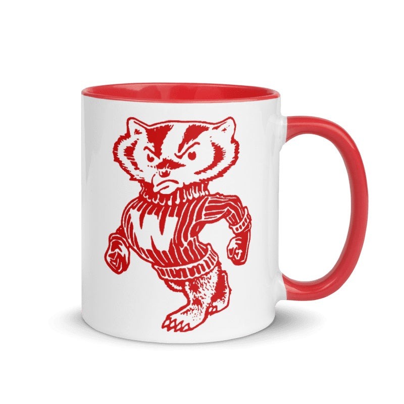 Wisconsin Badgers Old Skool Mug in cream with red interior and handle, featuring classic mascot design.