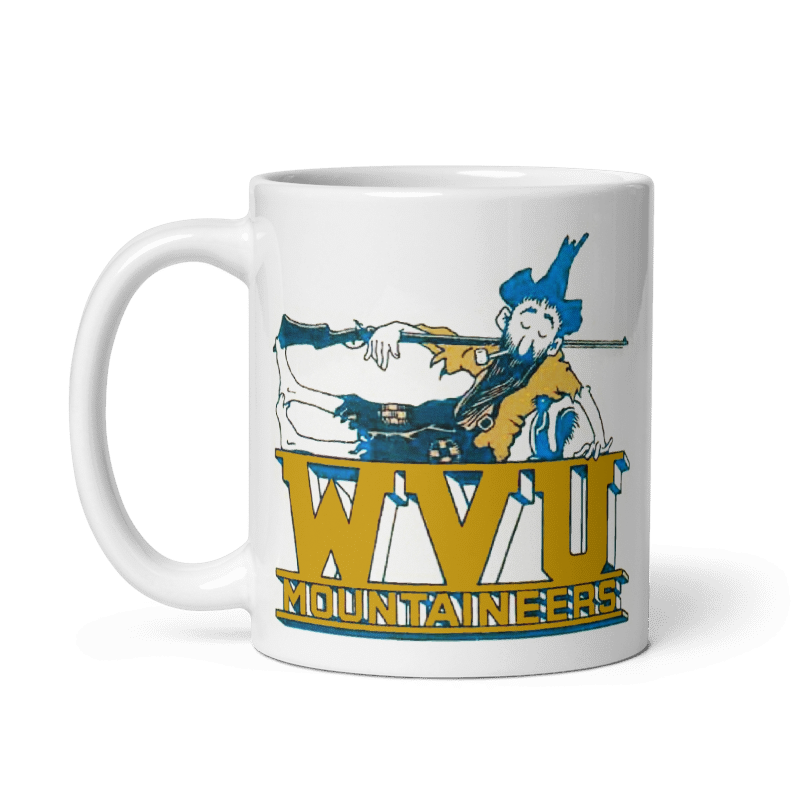 West Virginia Mountaineers cream ceramic mug featuring vintage design, available in 11 oz and 15 oz.