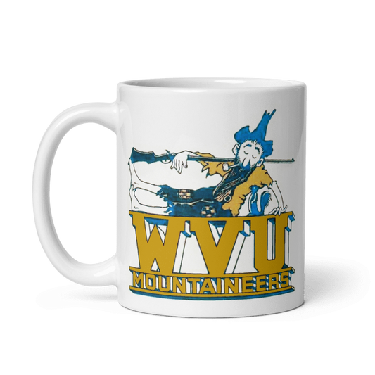 West Virginia Mountaineers cream ceramic mug featuring vintage design, available in 11 oz and 15 oz.