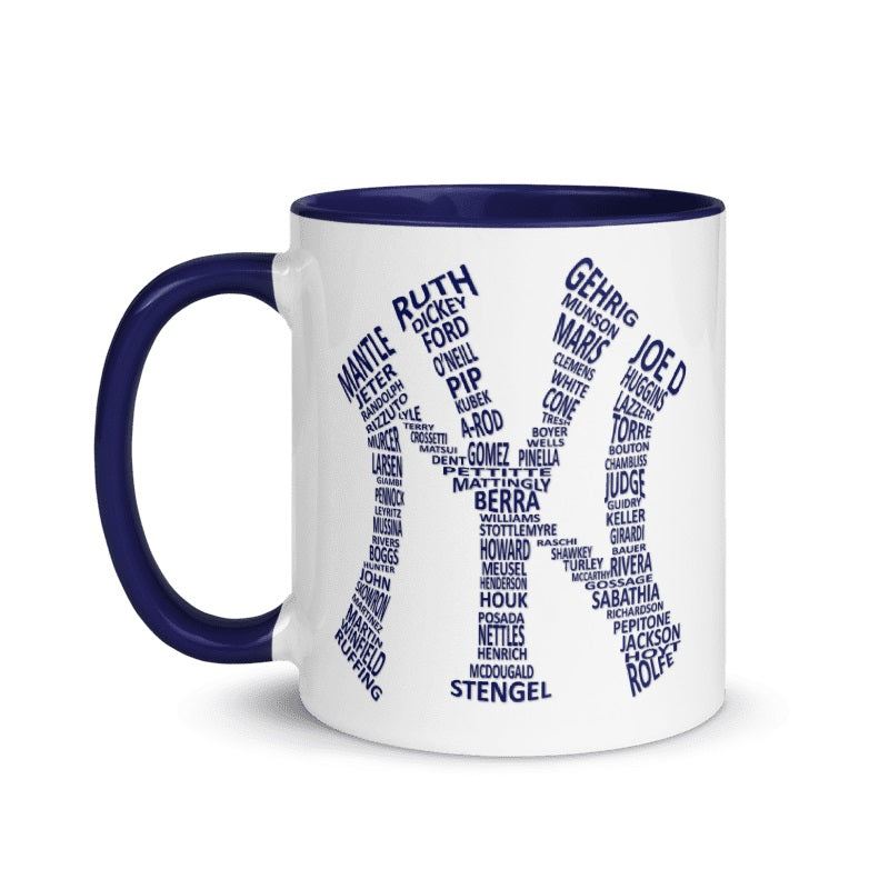NY Yankee Legends True Blue Mug featuring names of iconic players, cream and blue, 11oz, ceramic, collectible for fans.
