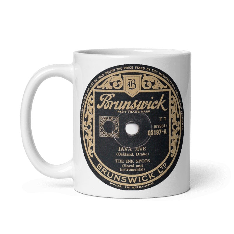 Ink Spots Java Jive Coffee Mug with Brunswick record label graphic, available in 11oz and 15oz, cream color.